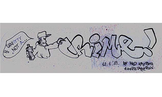 Entwurf / Sketsh  graffiti is not a crime, für  Graffitiprojekt Jugendsender Tele 5 Hamburg, von der m.a.c. Art, Wizz, und Zico / Siko Ortner. Fassadengestaltung mit Fernsehberichterstattung.