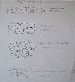 Inhalt des theoretischen Unterrichts, Graffiti-Grundstilrichtungen zusammengestellt von Siko Ortner und seinem Schüler Wizz. Graffitikurs für das Arbeitsamt Hamburg 1989. Die Kursteilnehmer waren Graffitiinteressierte aus kreativen Berufen mit dem Wunsch Graffiti zu lernen. Leitung Graffitikurs Siko Ortner mit seinem Schüler Wizz. Zunächst wurden die Grundstilrichtungen unterrichtet (Bubble Style, Block Style, Balken Style und Wildstyle).