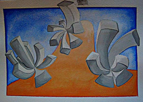 Growing blocks, aus der Themenreihe blocks and pipes von Siko Ortner, Guache auf Aquarellpapier, 17cm X 23cm, 2005.