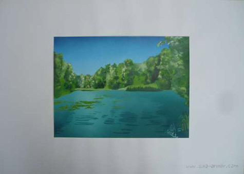 Wallanlagen / Bremen. Ein Stancelgemälde aus der Themenreihe / Serie der öffentliche Raum im öffentlichen Raum part 1, Acrylsprühlack auf Aquarellpapier, Mehrfachstancel Schablonengraffiti, 28,4cm X 38,1cm. Stancelart von Siko Ortner.