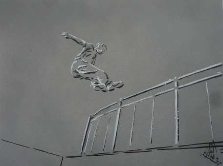 Airbrushstancel aus der Themenreihe stancelart vs parcour mit dem Titel: "Traceur 07 Jonas Plate", Acrylfarbe auf Malpappe / Stancel, 29,2 X 39 cm, Fertigungszeit: Dezember 2010 / Januar 2011 von Siko Ortner auf der Basis der Fotografien von Hendrik Jakowlew von Parcour Bremen.