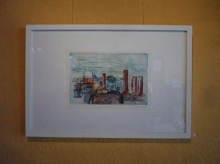 Aufbau / Hängung der Ausstellung: Plattentanz der offenen Radierwerkstatt der Kulturwerkstatt westend Bremen. Eine Ausstellung im Kunstcafe Paga vom 09. April 2011 bis 16. Juni 2011.