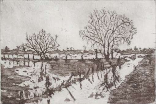 Radierung von Hans Jürgen Schlüter, Titel: Winter Wümmewiesen.