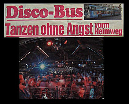 Zeitungsartikel Januar 1988 in Bild der Frau Disco-Bus-Zeppelin. Ein Graffiti-Auftrag für die Discothek Zeppelin in Hamburg/Maschen, Oktober bis Dezember 1987. Auftragsmalerei von der Mad Artists Cooperation, Siko Ortner (ehemals für Auftragsarbeiten Zico) und seinen Graffitischülern Sami und Wizz.