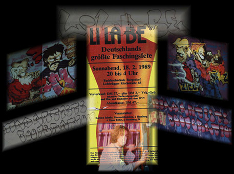 Collage für Faschingsfete LiLaBe 1989. Ein Graffiti-Auftrag für Hans Bhrs Veranstalter Faschingsfest LiLaBe in der Fachhochschule Bergedorf/Hamburg. Auftragsmalerei von der Mad Artists Cooperation, Siko Ortner (ehemals für Auftragsarbeiten Zico) und seinem Graffitischüler Wizz.