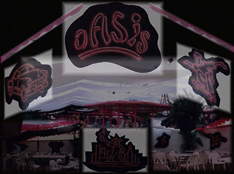 Collage für Festzelt Oasis 1989. Ein Graffiti-Auftrag für Reisegewerbebetrieb Wilms, Hamburgurger-Dom. Auftragsmalerei von der Mad Artists Cooperation, Siko Ortner und seinem Graffitischüler Wizz. Stancelart/Schablonengraffiti auf Spanholzplatten.