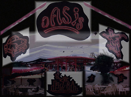 Collage für Festzelt Oasis 1989. Ein Graffiti-Auftrag für Reisegewerbebetrieb Wilms, Hamburgurger-Dom. Auftragsmalerei von der Mad Artists Cooperation, Siko Ortner und seinem Graffitischüler Wizz. Stancelart/Schablonengraffiti auf Spanholzplatten.