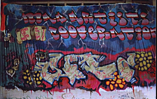 95qm Leinwand 1989. Ein Graffiti Projekt für Hans Bhrs Veranstalter Faschingsfest LiLaBe in der Fachhochschule Bergedorf/Hamburg. Projektausfhrung von der Mad Artists Cooperation, Zico/Siko Ortner und seinem Graffitischüler Wizz. Außerdem beteiligt waren Sis/Sige und Bibase/Base. Rechte fertige Seite vom 95qm Leinwandgraffiti 1989.