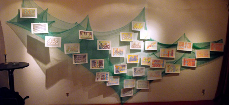 Ausstellung Streetart 2009, von Siko Ortner, vom 14. März bis 18. April 2009 im Kunstverein Humbold-Schlüter, Bremen. Hier die Ansicht des fertiggestelten Ausstellungsaufbaus. Die Installation Mein Monopoli, zusammengesetzt aus der Serie mit dem Arbeitstitel 3 Farben 1 Stancel 50 Motive und einem Netz, installiert im dreidimensionalem Raum, unter weissem Licht.