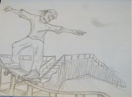 Skater, Skizze/Ideenentwurf von Siko Ortner, Bleistift auf Papier, 21cm X 29cm, 2002.
