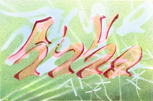 Motiv 005, fluroszierend Guache auf Aquarellpapier von Siko Ortner, 16,5 cm X 24,7 cm, Juni 2007, aus der Serie 3 Farben, 1 Stancel, 50 Motive.