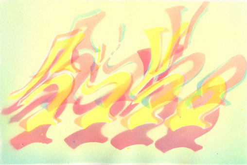 Motiv 021, fluroszierend Guache auf Aquarellpapier von Siko Ortner, 16,5 cm X 24,7 cm, Juli 2007, aus der Serie 3 Farben, 1 Stancel, 50 Motive.