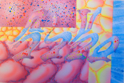 Motiv 027, fluroszierend Guache auf Aquarellpapier von Siko Ortner, 16,5 cm X 24,7 cm, Juli 2007, aus der Serie 3 Farben, 1 Stancel, 50 Motive.