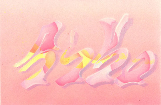 Motiv 039 fluroszierend Guache auf Aquarellpapier von Siko Ortner, 16,5 cm X 24,7 cm, Juli 2007, aus der Serie 3 Farben, 1 Stancel, 50 Motive.