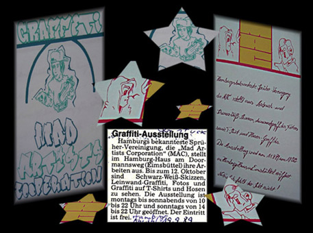 Collage Gruppenausstellung Mad Artists Cooperation 1989, im Hamburg-Haus im Dormannsweg (Eimsbüttel). Diese Veranstaltung wurde durchgeführt im Rahmen der Internationalen Comicausstellung Hamburg zur gleichen Zeit in weiteren Ausstellungsräumen in Hamburg. Bei dieser Ausstellung beteiligt waren unter anderen: Wizz/Sage, Art/Sengo, Staph und Siko Ortner.