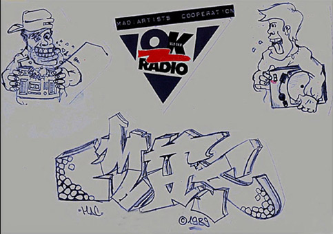 Graffitiliveakt zum 1 jährigen Geburtstag von OK Radio im Studio in Hamburg, Herbst 1989. Projektorganisation durch Herrn Claussen von OK Radio. Projektausführung von der mad artists cooperation, Wizz und Siko Ortner. Mural an der Studioaussenwand, das piece (2 charakter und ein MAC-style mit Schriftrolle) wurde während der Feierlichkeiten zum 1 jährigen Bestehen des Radiosenders fertiggestellt. Entwurf für den Graffitiliveakt.