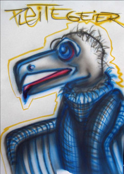 Geier (Comic), Freihand Farbentwurf mit Airbrush, Acryl auf Papier von Siko Ortner, 21m X 29cm, Dezember 2005.