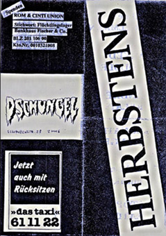 Kunsthappening Herbstens in Hamburg St.Pauli im Oktober 1990. Projektorganisation neben weiteren Ines Ortner/Rapunzel für deren Band Mixed Double, Siko Ortner ein Aerosolart auf Leinwand fertiggestellt hat. Die Leinwand die Ausgeglichenheit aus der Themenreihe Emotionen ist mit Sprühlack auf Leinwand gearbeitet, 1,15 m X 1,90 m fertiggestellt im Oktober 1990. Programm von Herbstens aussen.