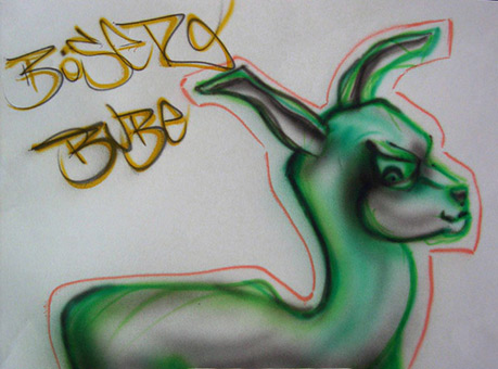 Rehkitz (Comic), Freihand Farbentwurf mit Airbrush, Acryl auf Papier von Siko Ortner, 21m X 29cm, Dezember 2005.