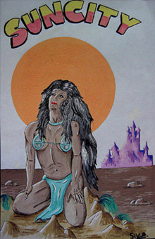 Sun city, Farbentwurf, Guache auf Papier von Siko Ortner, 20cm X 15cm, 1991.