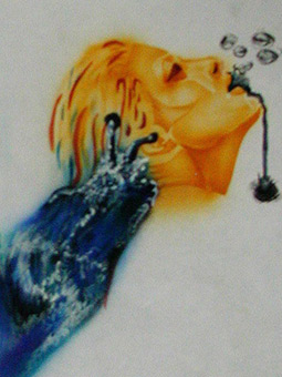 Pferd aus Büste, Stancelart / Schablonengraffiti, mittels Einsatz von zwei Mehrfachstanceln, Acrylfarbe auf Papier von Siko Ortner, Surealistische Darstellung, 12cm X 12cm, 2002. Detailansicht 1.