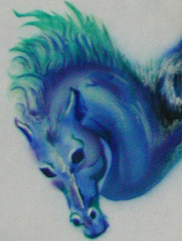 Pferd aus Büste, Stancelart / Schablonengraffiti, mittels Einsatz von zwei Mehrfachstanceln, Acrylfarbe auf Papier von Siko Ortner, Surealistische Darstellung, 12cm X 12cm, 2002. Detailansicht 2.