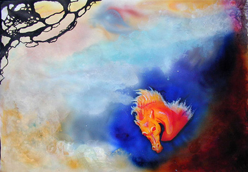 Pferd ohne Büste, Stancelart / Schablonengraffiti, mittels Einsatz von einem Mehrfachstanceln, Acrylfarbe auf Papier von Siko Ortner, Surealistische Darstellung, 12cm X 12cm, 2002. Detailansicht 3.