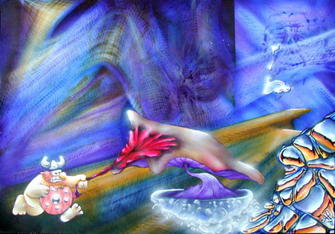 Pilzvergiftung, Stancelart / Schablonengraffiti, mittels Einsatz von vielen Mehrfachstanceln, Acrylfarbe auf Papier von Siko Ortner, Surealistische Darstellung, 21cm X 29cm, 2002.