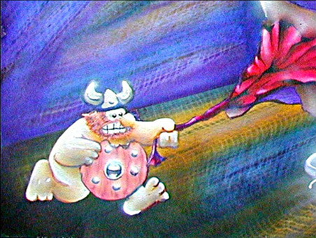 Pilzvergiftung, Stancelart / Schablonengraffiti, mittels Einsatz von vielen Mehrfachstanceln, Acrylfarbe auf Papier von Siko Ortner, Surealistische Darstellung, 21cm X 29cm, 2002. Detailansicht 2.