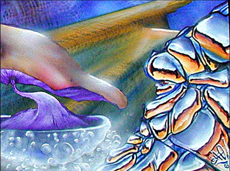Pilzvergiftung, Stancelart / Schablonengraffiti, mittels Einsatz von vielen Mehrfachstanceln, Acrylfarbe auf Papier von Siko Ortner, Surealistische Darstellung, 21cm X 29cm, 2002. Detailansicht 3.