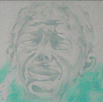 Trauerndes Kind, Stancelart / Schablonengraffiti, 5-Fach-Stancel, Guache auf Papier von Siko Ortner, 10cm X 10cm, 2002.
