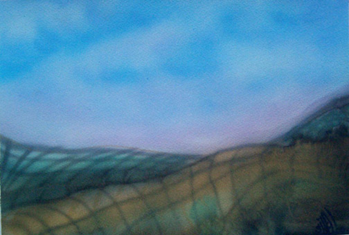 Abgerasterte Landschaft 02 aus der Themenreihe Abgerasterte Landschaften von Siko Ortner, Airbrusharbeit unter Nutzung von Flüssigmaskenstancel, Guache auf Aquarellpapier, 22cm X 32cm, September bis Oktober 2005.