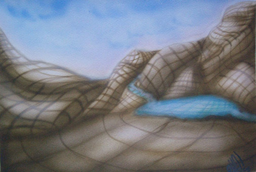 Abgerasterte Landschaft 03 aus der Themenreihe Abgerasterte Landschaften von Siko Ortner, Airbrusharbeit unter Nutzung von Flüssigmaskenstancel, Guache auf Aquarellpapier, 22cm X 32cm, September bis Oktober 2005.