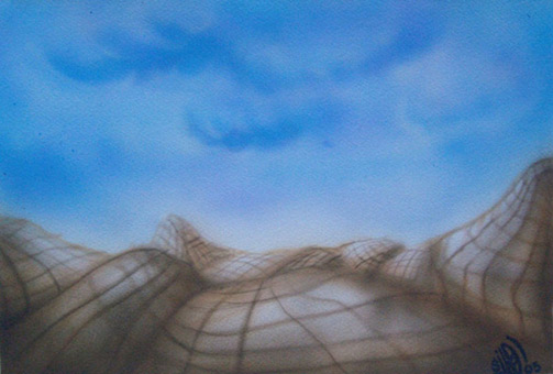 Abgerasterte Landschaft 04 aus der Themenreihe Abgerasterte Landschaften von Siko Ortner, Airbrusharbeit unter Nutzung von Flüssigmaskenstancel, Guache auf Aquarellpapier, 22cm X 32cm, September bis Oktober 2005.