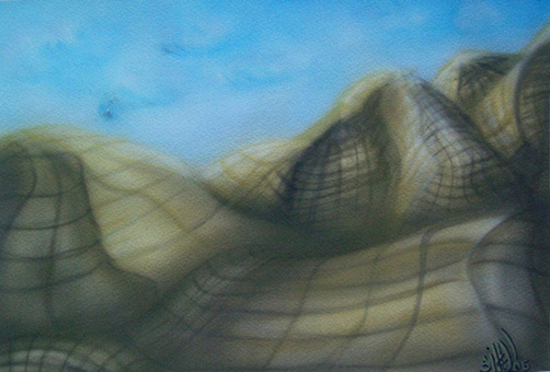 Abgerasterte Landschaft 05 aus der Themenreihe Abgerasterte Landschaften von Siko Ortner, Airbrusharbeit unter Nutzung von Flüssigmaskenstancel, Guache auf Aquarellpapier, 22cm X 32cm, September bis Oktober 2005.