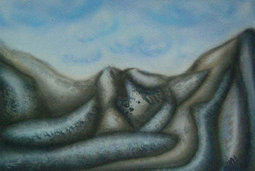 Abgerasterte Landschaft 06 aus der Themenreihe Abgerasterte Landschaften von Siko Ortner, Airbrusharbeit unter Nutzung von Flüssigmaskenstancel, Guache auf Aquarellpapier, 22cm X 32cm, September bis Oktober 2005.