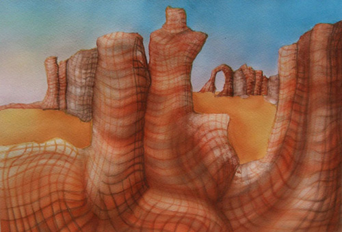 Abgerasterte Landschaft 09 aus der Themenreihe Abgerasterte Landschaften von Siko Ortner, Airbrusharbeit unter Nutzung von Flüssigmaskenstancel, Guache auf Aquarellpapier, 22cm X 32cm, Januar 2006.