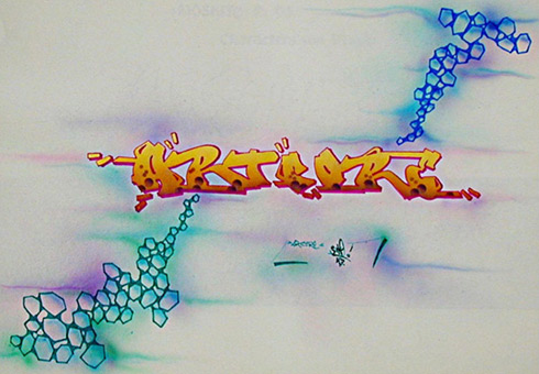 Artcore style, Stancelart / Schablonengraffiti, Stoffmalfarbe und Filzstift auf Papier von Siko Ortner, 31cm X 42cm, 1993.