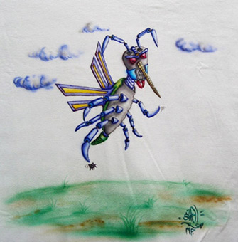Bad moskito with fly, Hip Hop charakter, Comicfigur, Stancelart / Schablonengraffiti, Stoffmalfarbe auf Baumwollstoff / T-shirt, Airbrusharbeit von Siko Ortner, November 2006.