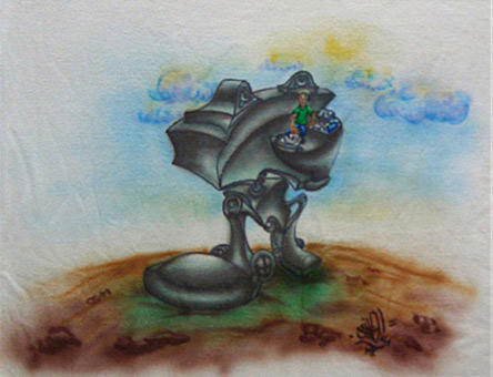 DJ Robot on the way, Hip Hop charakter, Comicfigur, Stancelart / Schablonengraffiti, Stoffmalfarbe auf Baumwollstoff / T-shirt, Airbrusharbeit von Siko Ortner, Februar 2006.