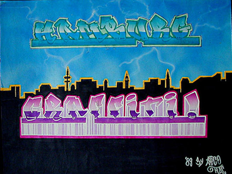 Hamburg Graffiti, Farbentwurf, Filzstift, Lackstift und Stoffmalfarbe auf Papier von Siko Ortner, 31cm X 42cm, 1989.