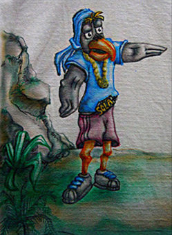 Hello again (Detail 1), Hip Hop charakter Solar und Krokodile, Comicfiguren, Stoffmalfarbe auf Baumwollstoff / T-shirt, Airbrusharbeit von Siko Ortner, November 2005.