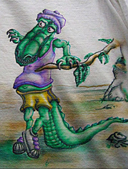 Hello again (Detail 2), Hip Hop charakter Solar und Krokodile, Comicfiguren, Stoffmalfarbe auf Baumwollstoff / T-shirt, Airbrusharbeit von Siko Ortner, November 2005.