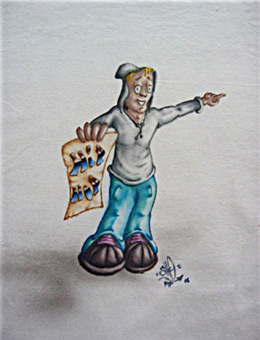 Hip Hop charakter, Comicfigur, Stancelart / Schablonengraffiti, Stoffmalfarbe auf Baumwollstoff / T-shirt, Airbrusharbeit von Siko Ortner, November 2005.