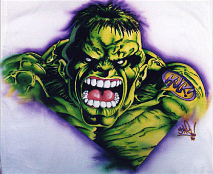 Hulk Comicfigur, Stoffmalfarbe auf Baumwollstoff / T-shirt, Airbrusharbeit von Siko Ortner, 1998.