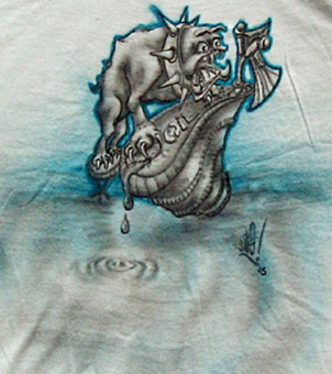 Kein Blut für Öl (Detail), charakter, Comicfigur, Stoffmalfarbe auf Baumwollstoff / T-shirt, Airbrusharbeit von Siko Ortner, November 2006.