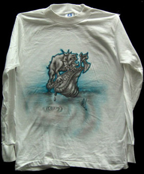 Kein Blut für Öl, charakter, Comicfigur, Stoffmalfarbe auf Baumwollstoff / T-shirt, Airbrusharbeit von Siko Ortner, November 2006.