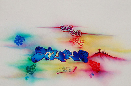 Sikoroc style, Stancelart / Schablonengraffiti, Stoffmalfarbe und Filzstift auf Papier von Siko Ortner, 31cm X 42cm, 1993.