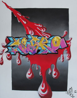 Oldschool Siko style in Kaugummifarben, Stancelart / Schablonengraffiti, 23-Fach-Stancel, Guache auf Aquarellpapier von Siko Ortner, 41cm X 32cm, Juni 2008.