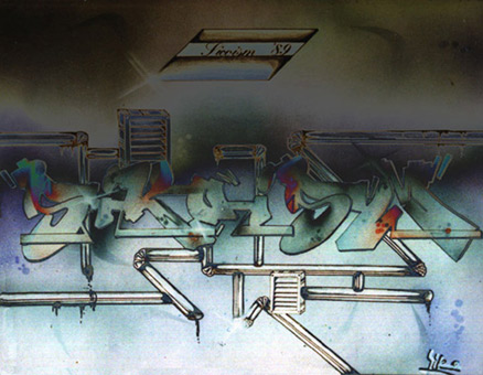 Sikoism style, Stancelart / Schablonengraffiti, Stoffmalfarbe, Buntstift und Filzstift auf Papier von Siko Ortner, 21cm X 29cm, 1989.